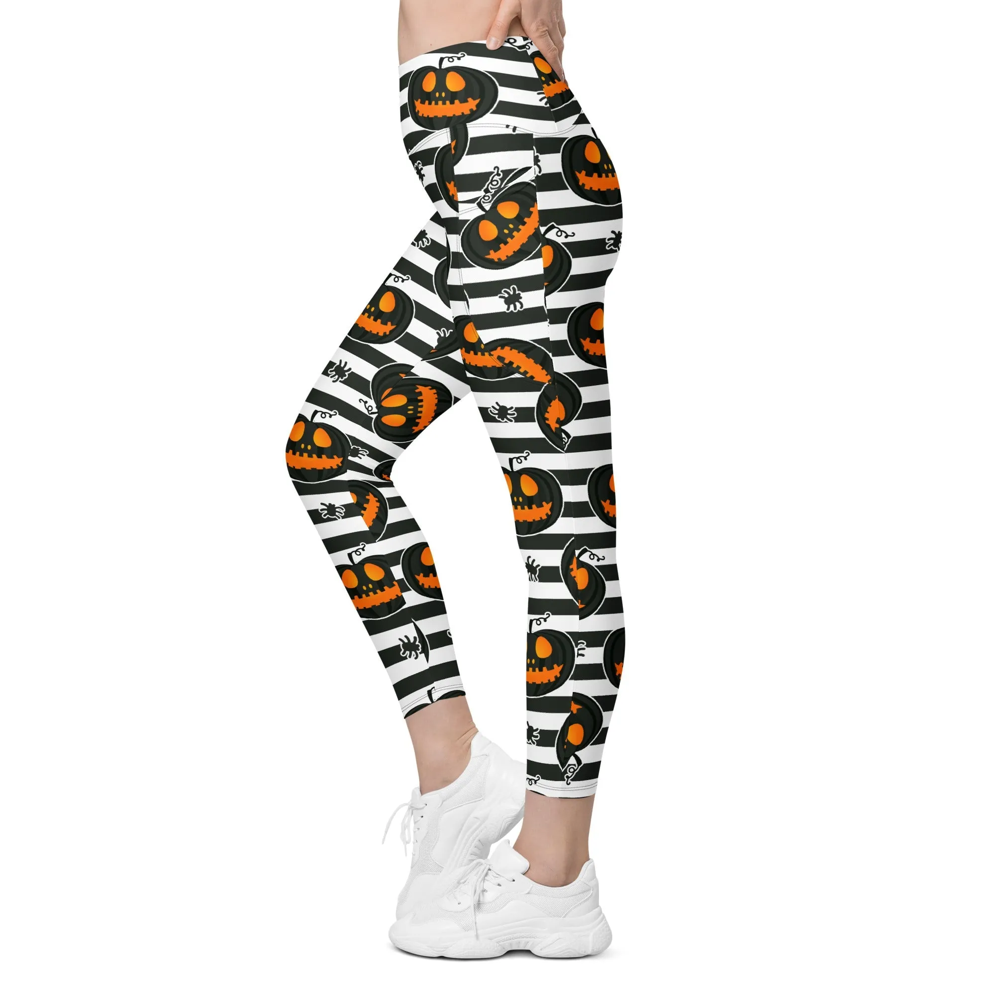 Striped Jack O'lanterns Leggings With Pockets