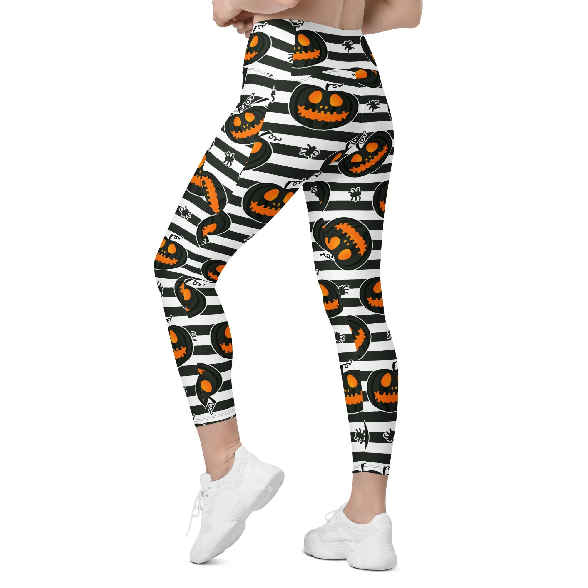 Striped Jack O'lanterns Leggings With Pockets