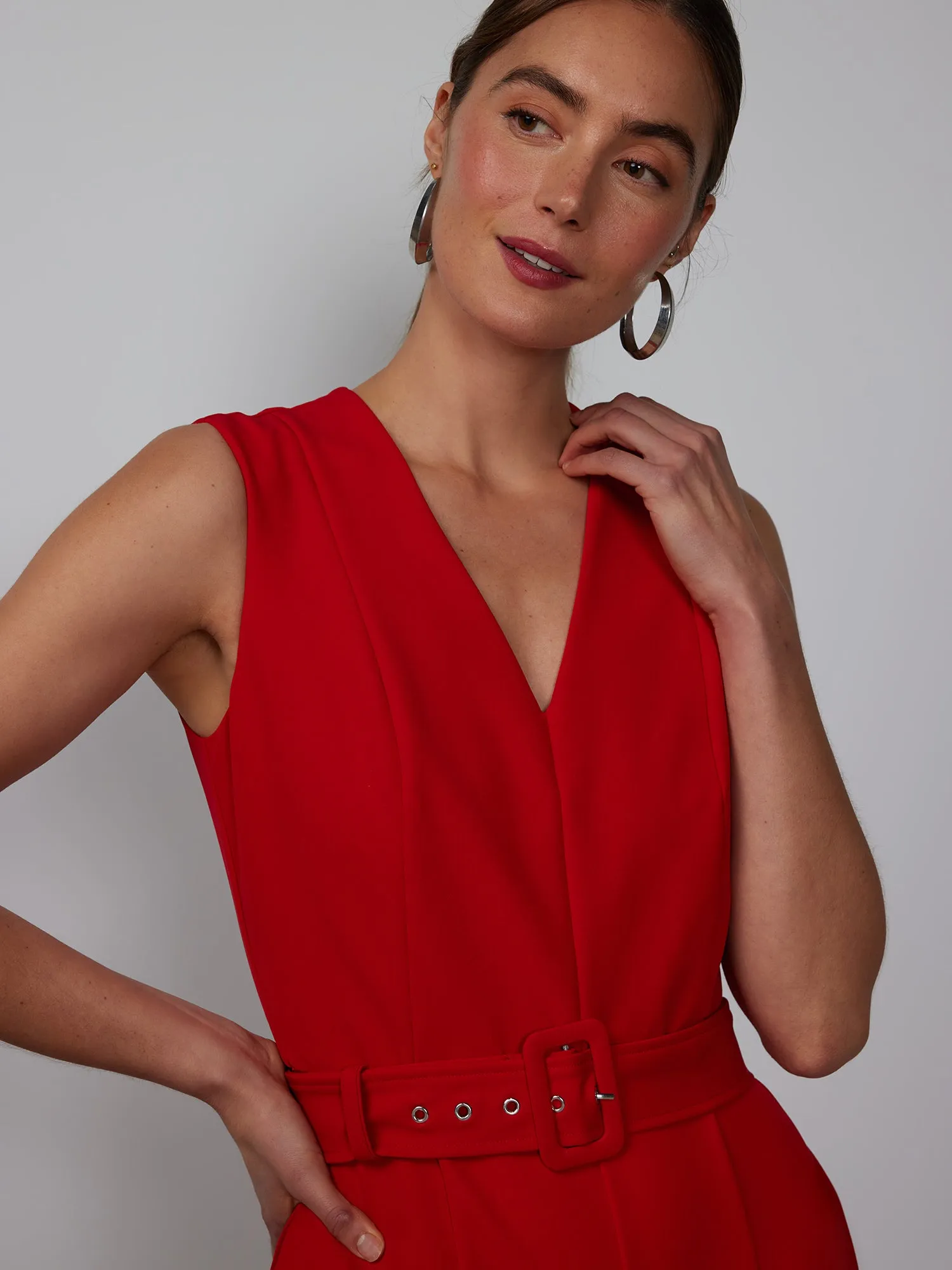 V-Neck Belted Seamed Jumpsuit