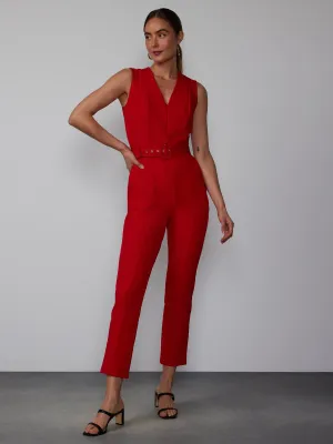 V-Neck Belted Seamed Jumpsuit