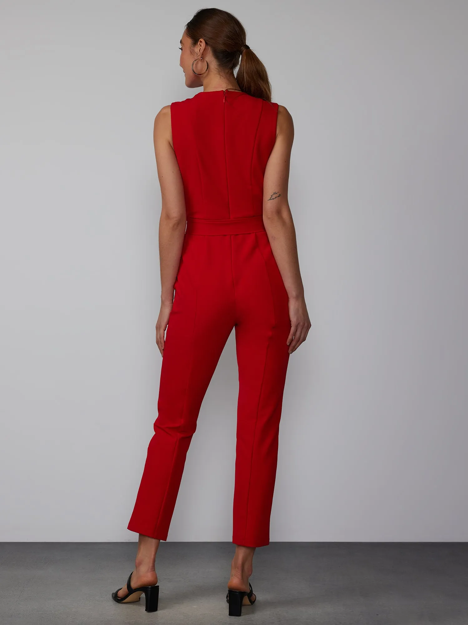 V-Neck Belted Seamed Jumpsuit