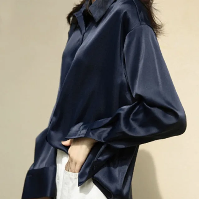 VenusFox White Long Sleeve Button Up Satin Silk Blouse for Women