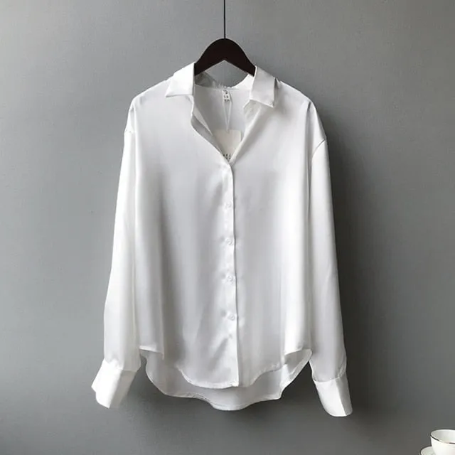 VenusFox White Long Sleeve Button Up Satin Silk Blouse for Women