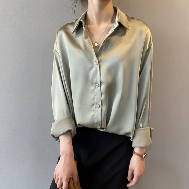 VenusFox White Long Sleeve Button Up Satin Silk Blouse for Women