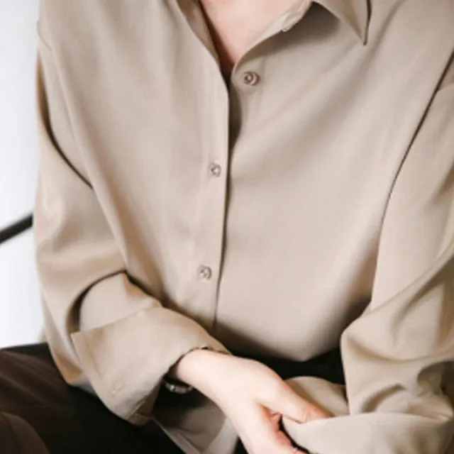 VenusFox White Long Sleeve Button Up Satin Silk Blouse for Women