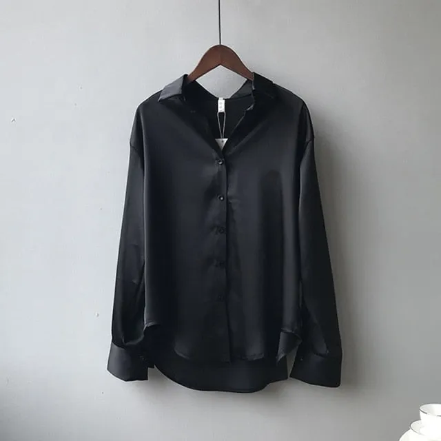 VenusFox White Long Sleeve Button Up Satin Silk Blouse for Women