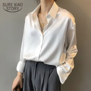 VenusFox White Long Sleeve Button Up Satin Silk Blouse for Women