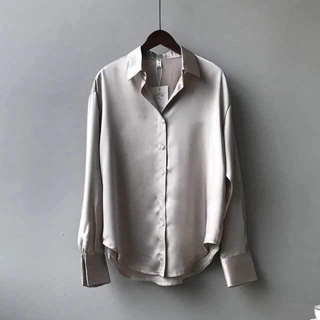 VenusFox White Long Sleeve Button Up Satin Silk Blouse for Women