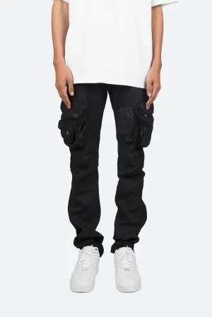 Waxed Denim Cargo Pants - Black