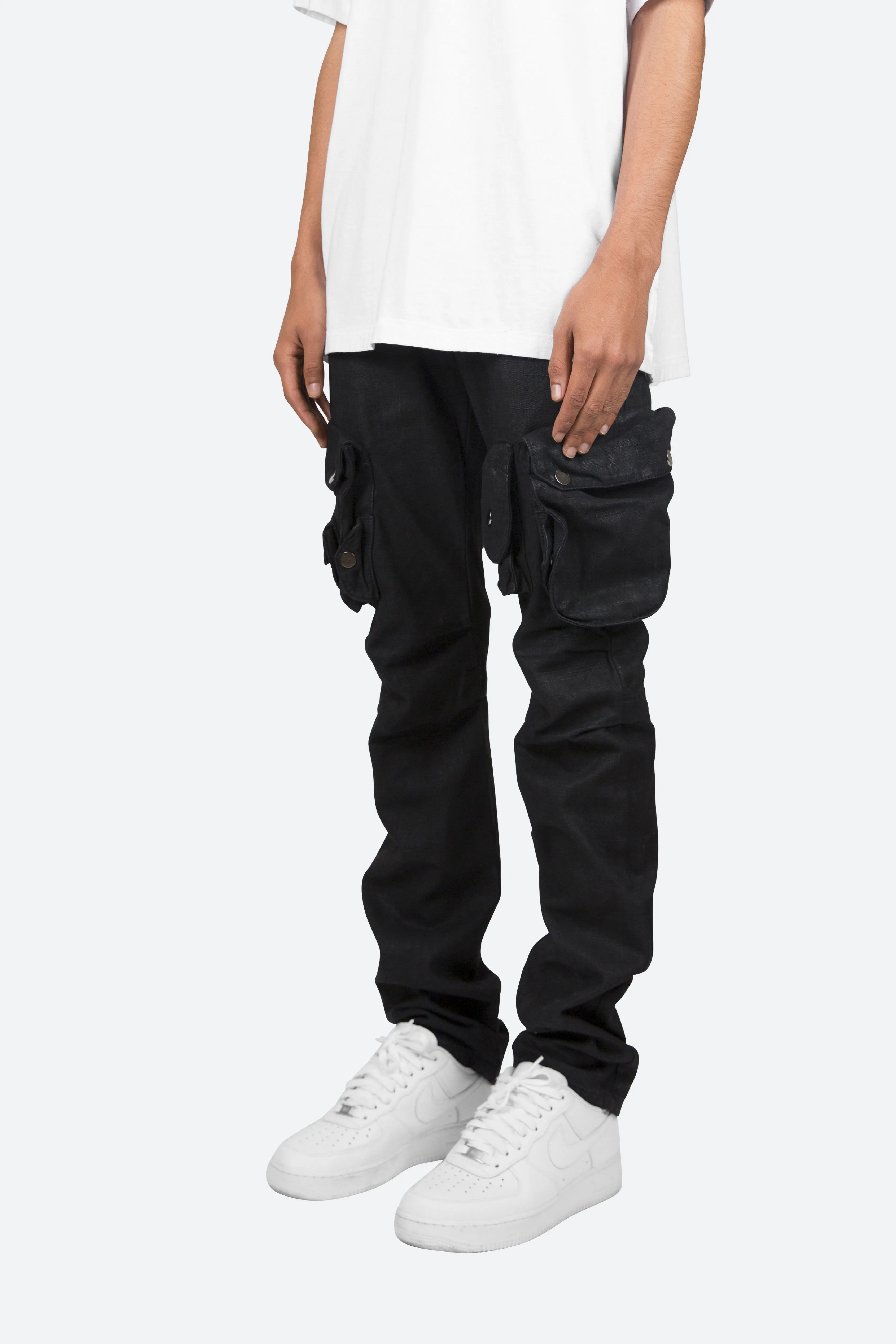 Waxed Denim Cargo Pants - Black