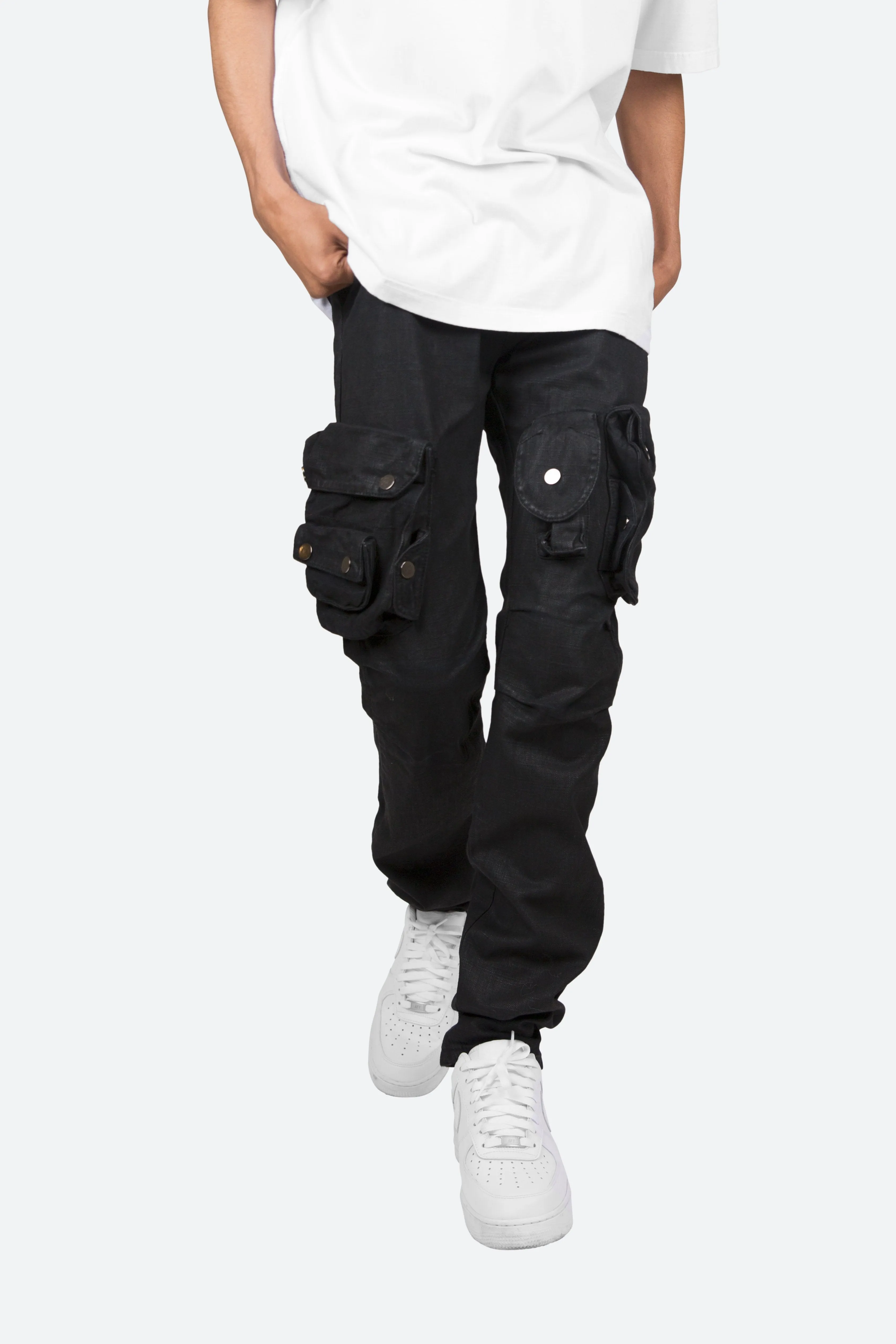 Waxed Denim Cargo Pants - Black