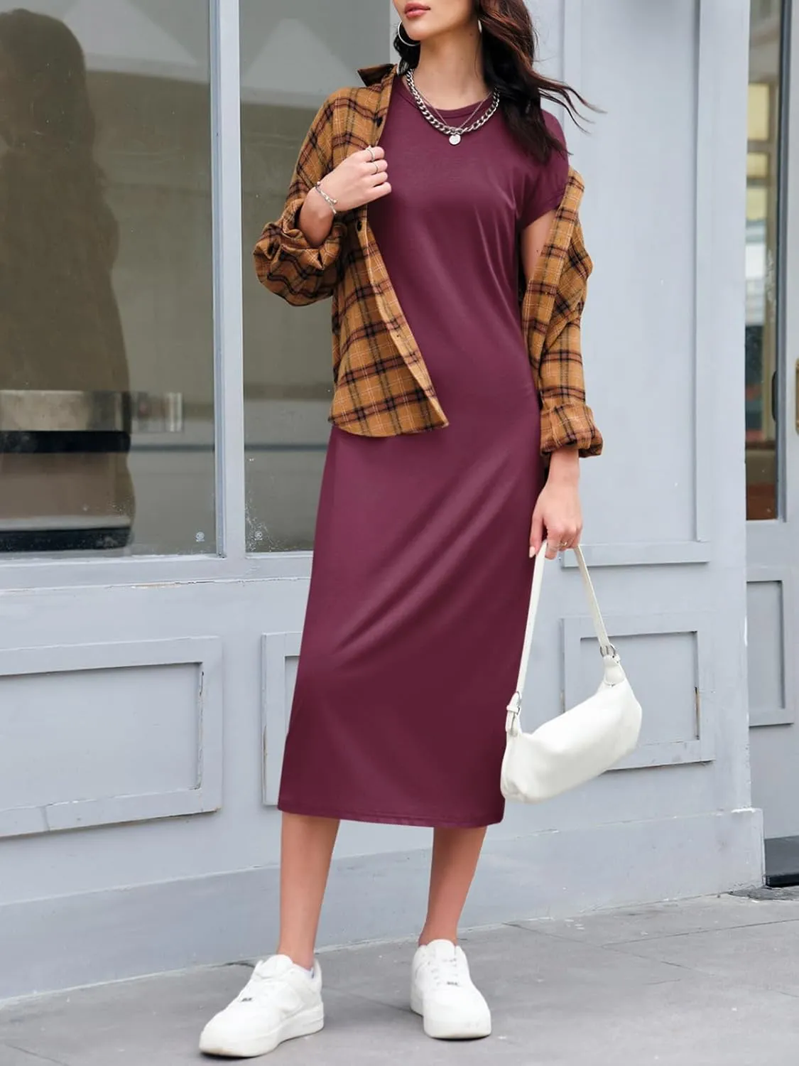 Wenrine Women's Short Sleeve T-Shirt Dress Summer Crew Neck Basic Solid Casual Long Midi Dresses
