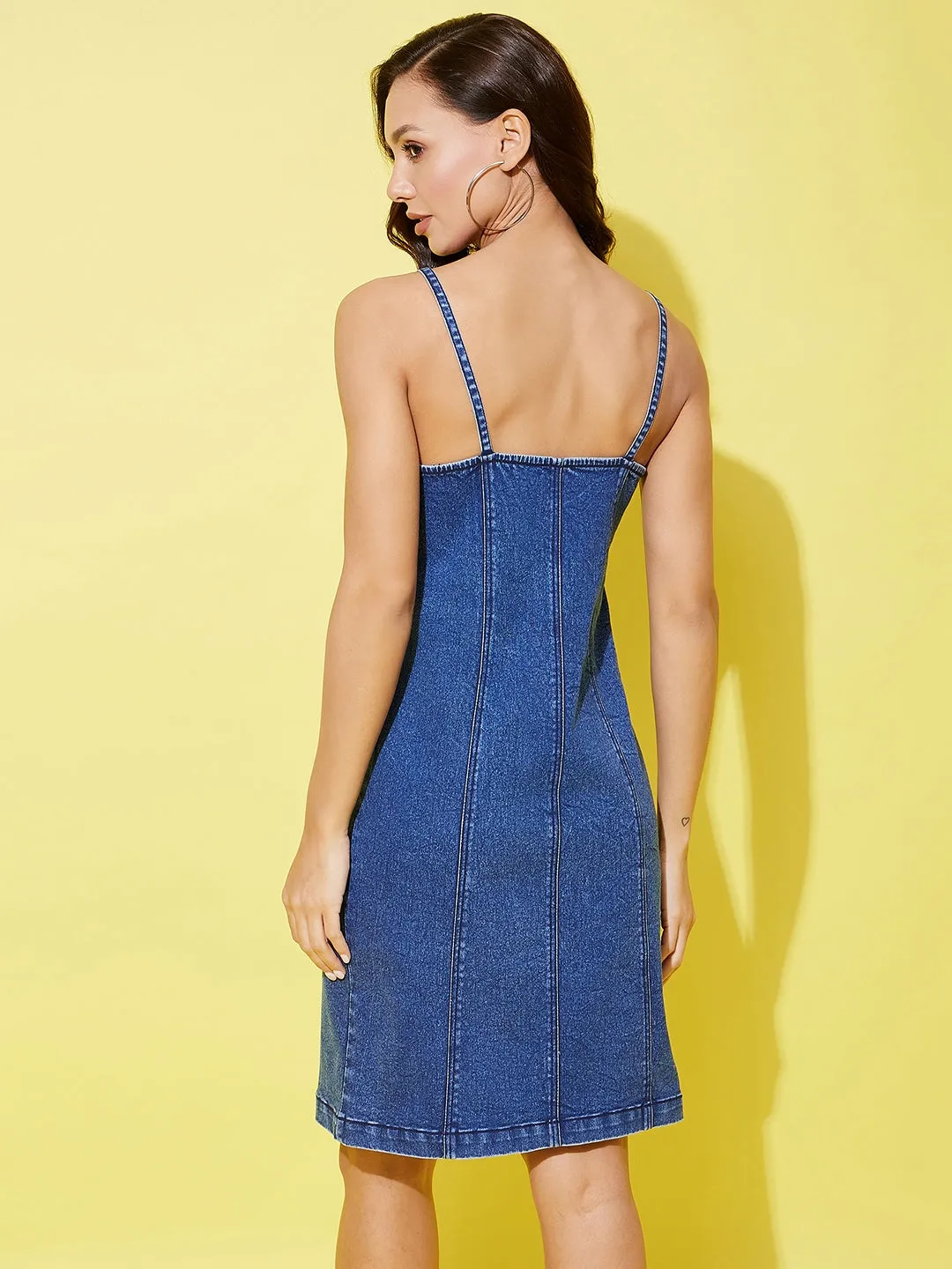 Women's Dark Blue Denim Dress With Front Buttons - StyleStone