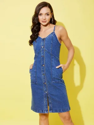Women's Dark Blue Denim Dress With Front Buttons - StyleStone