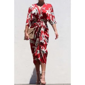 Women's Esmeray Red Floral V-Neck Button Down Waist Tie Midi Dress