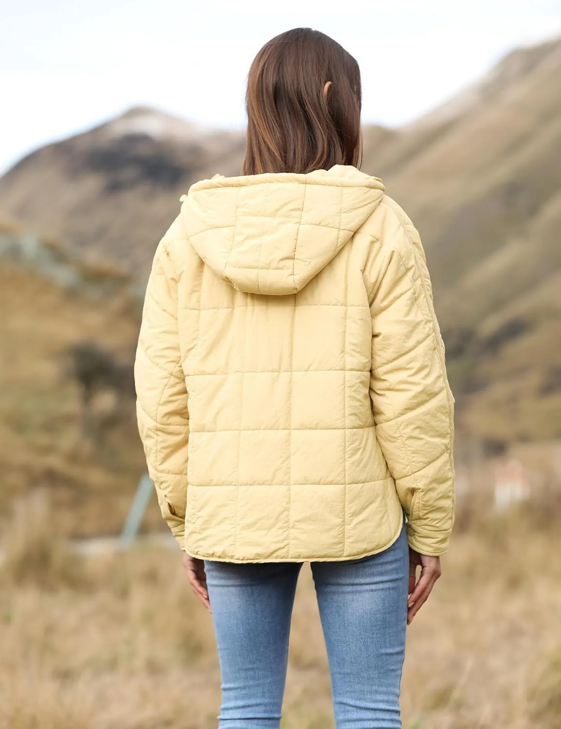 Women's Pullover Puffer Jacket Quilted Lightweight Dolman Sleeve Button Down Hooded Padded Coat with Pocket