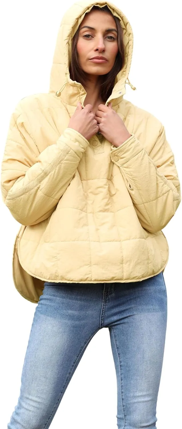 Women's Pullover Puffer Jacket Quilted Lightweight Dolman Sleeve Button Down Hooded Padded Coat with Pocket