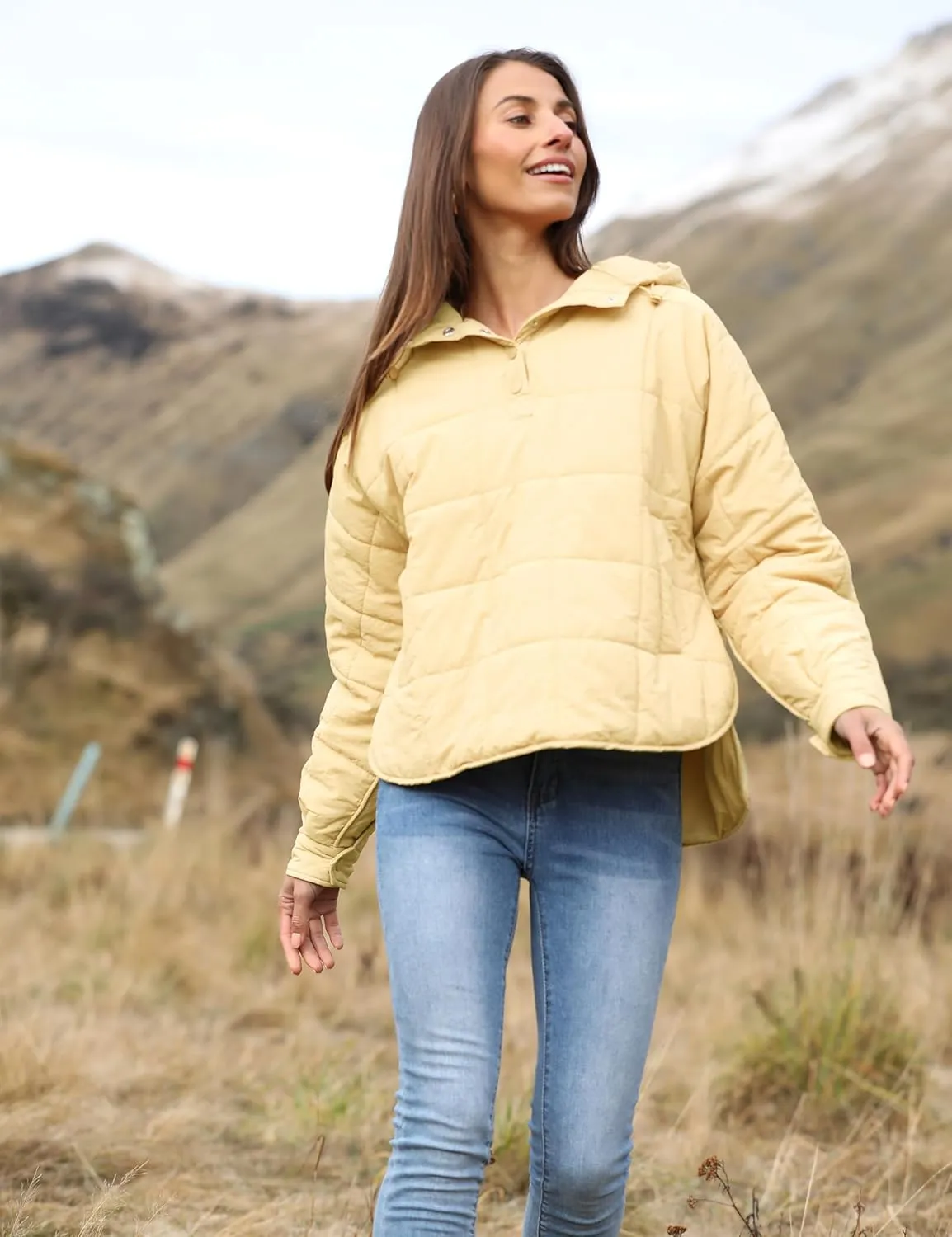 Women's Pullover Puffer Jacket Quilted Lightweight Dolman Sleeve Button Down Hooded Padded Coat with Pocket