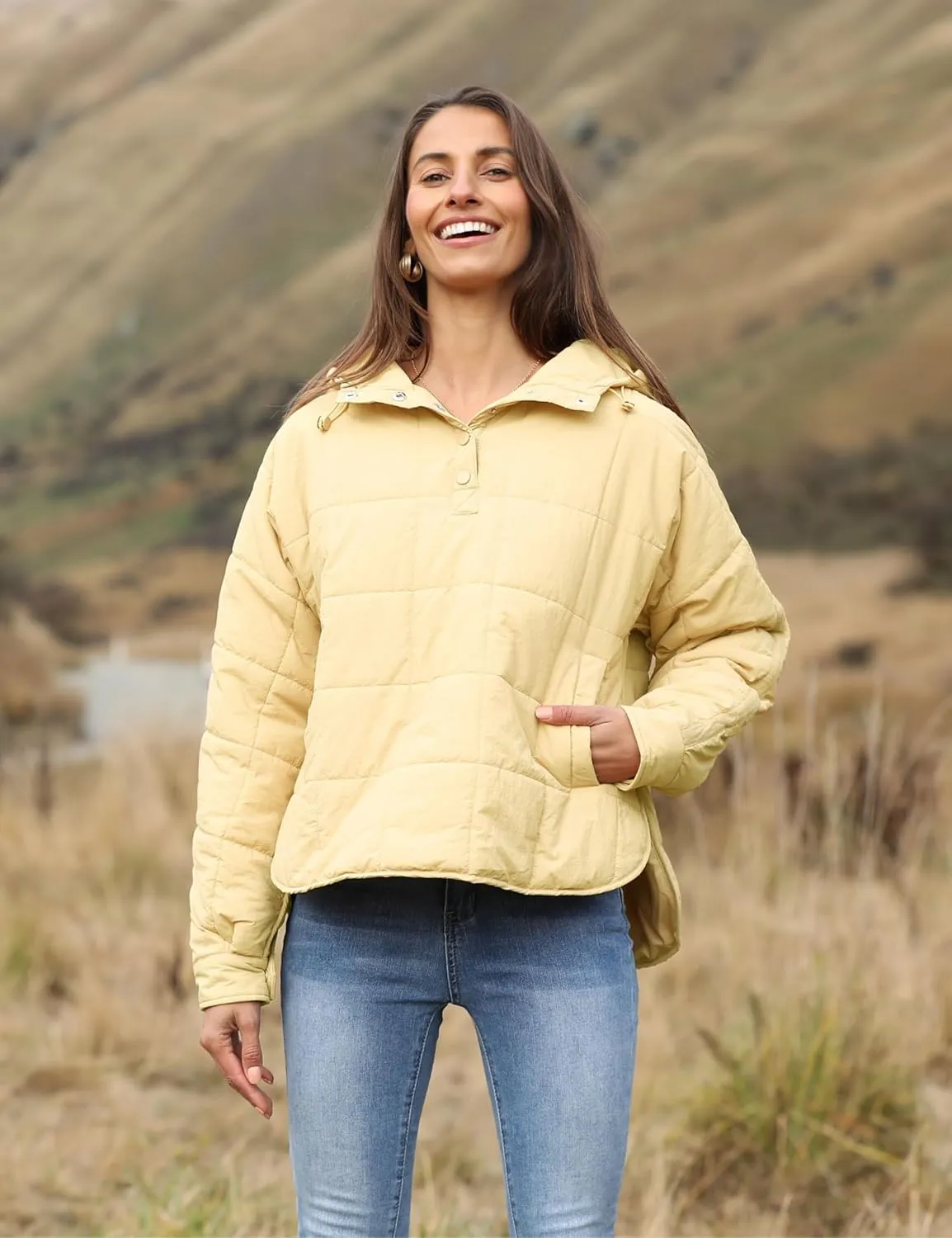 Women's Pullover Puffer Jacket Quilted Lightweight Dolman Sleeve Button Down Hooded Padded Coat with Pocket