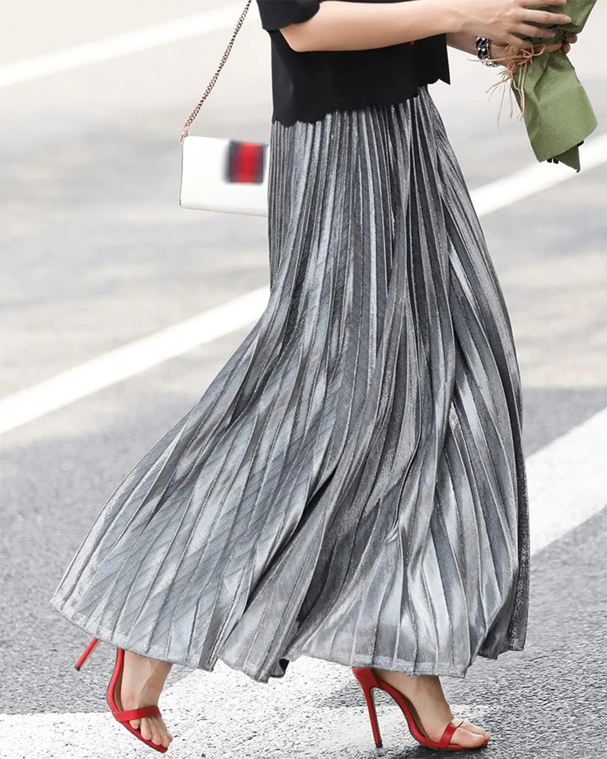 Womens Sexy High Waist Pleated Shiny Flowy Midi Office Skirt Metallic A-Line Accordion Long Swing Work Skirt
