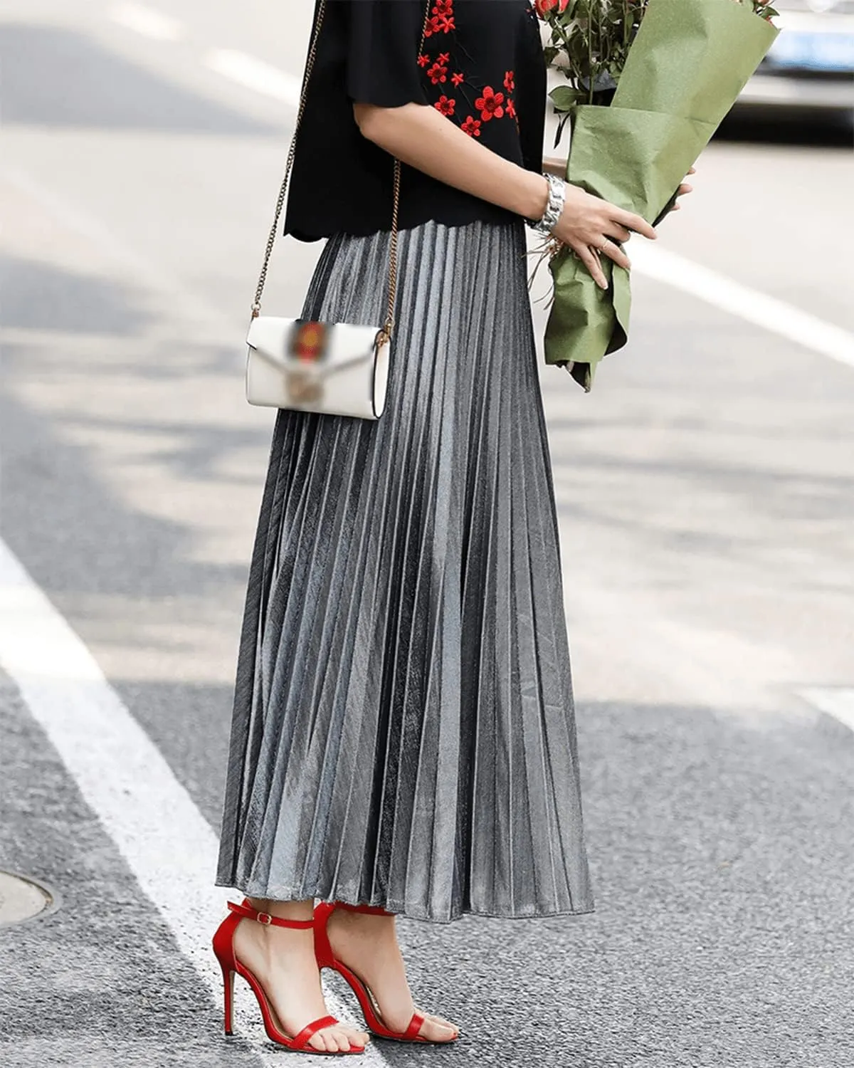 Womens Sexy High Waist Pleated Shiny Flowy Midi Office Skirt Metallic A-Line Accordion Long Swing Work Skirt