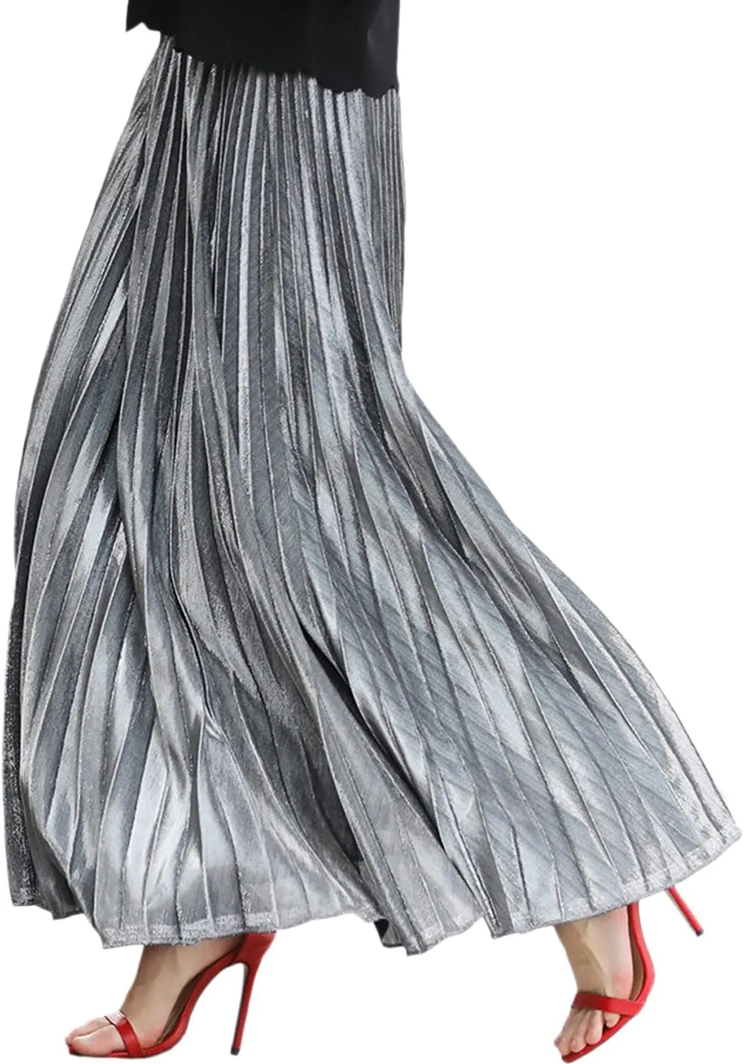 Womens Sexy High Waist Pleated Shiny Flowy Midi Office Skirt Metallic A-Line Accordion Long Swing Work Skirt