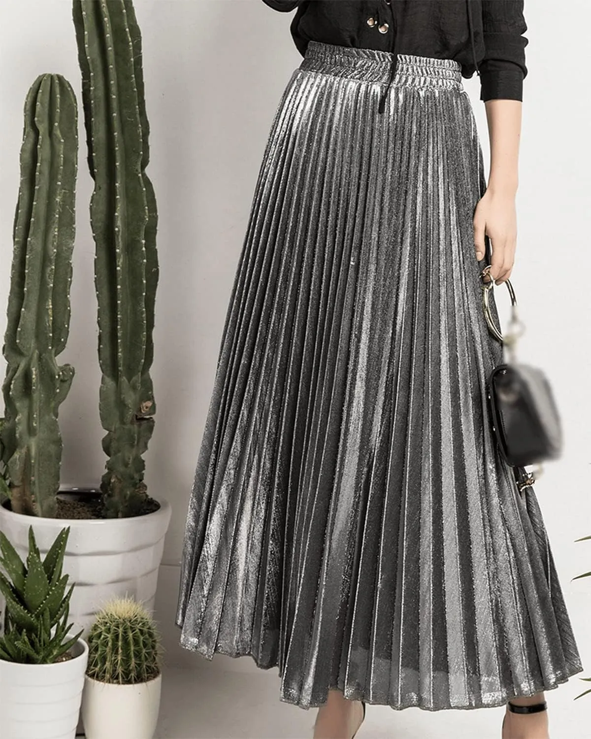 Womens Sexy High Waist Pleated Shiny Flowy Midi Office Skirt Metallic A-Line Accordion Long Swing Work Skirt