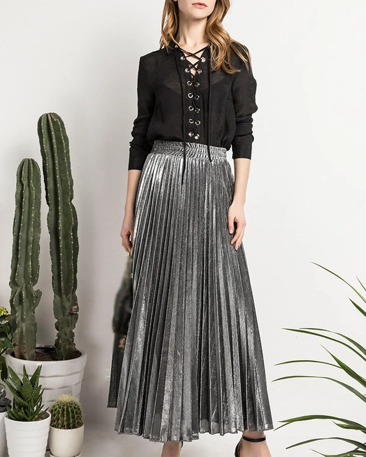 Womens Sexy High Waist Pleated Shiny Flowy Midi Office Skirt Metallic A-Line Accordion Long Swing Work Skirt