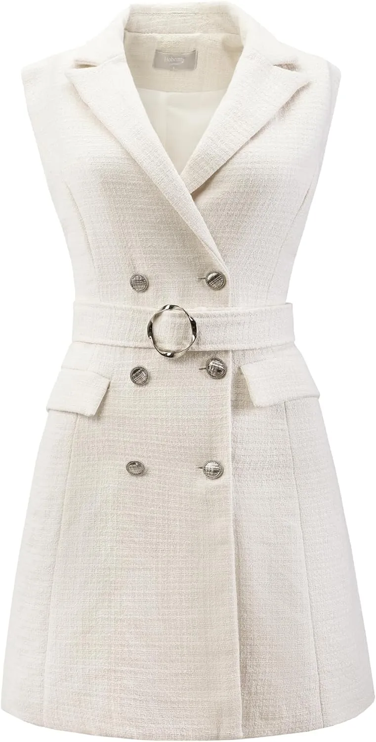 Women's Sleeveless Tweed Dress Collared Belted Button Down Work Blazer Dresses