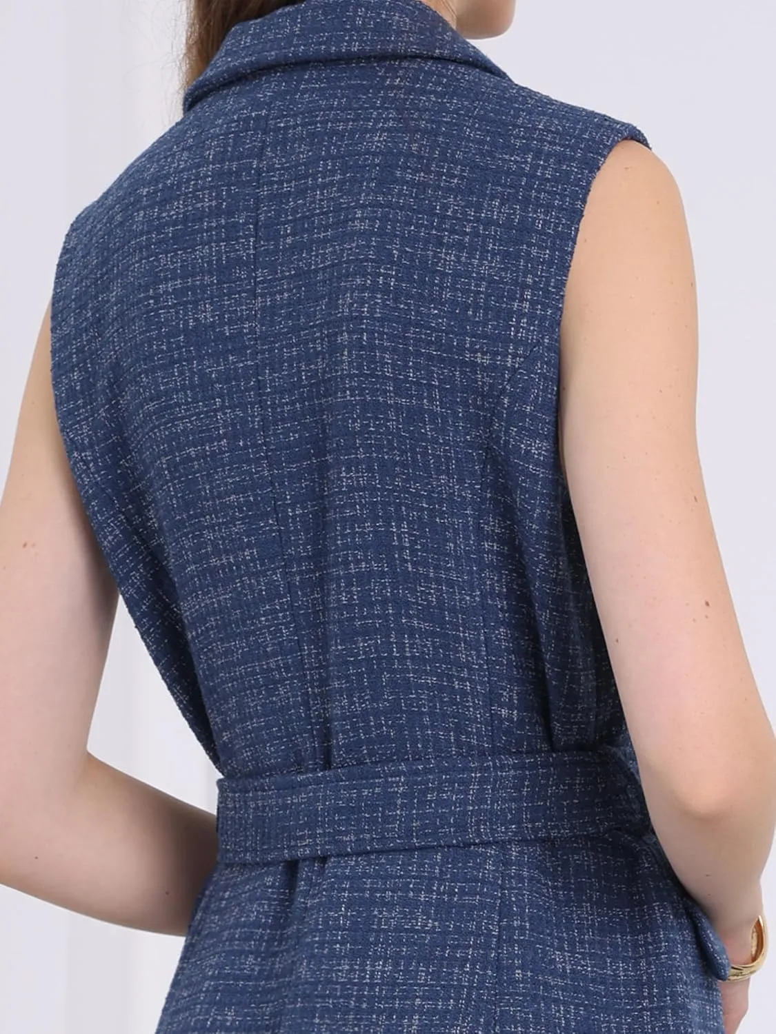 Women's Sleeveless Tweed Dress Collared Belted Button Down Work Blazer Dresses