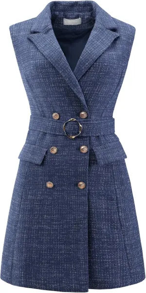 Women's Sleeveless Tweed Dress Collared Belted Button Down Work Blazer Dresses