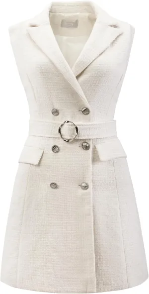 Women's Sleeveless Tweed Dress Collared Belted Button Down Work Blazer Dresses