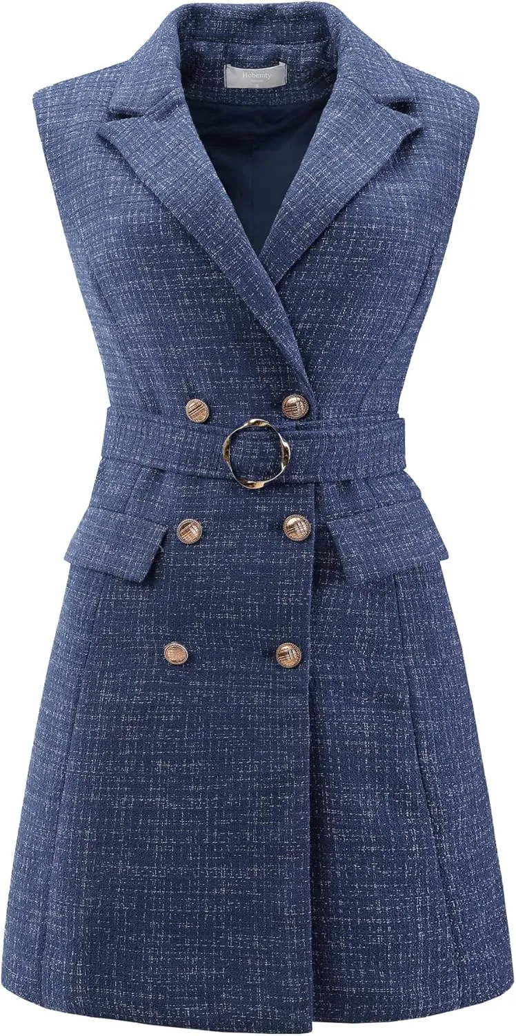 Women's Sleeveless Tweed Dress Collared Belted Button Down Work Blazer Dresses