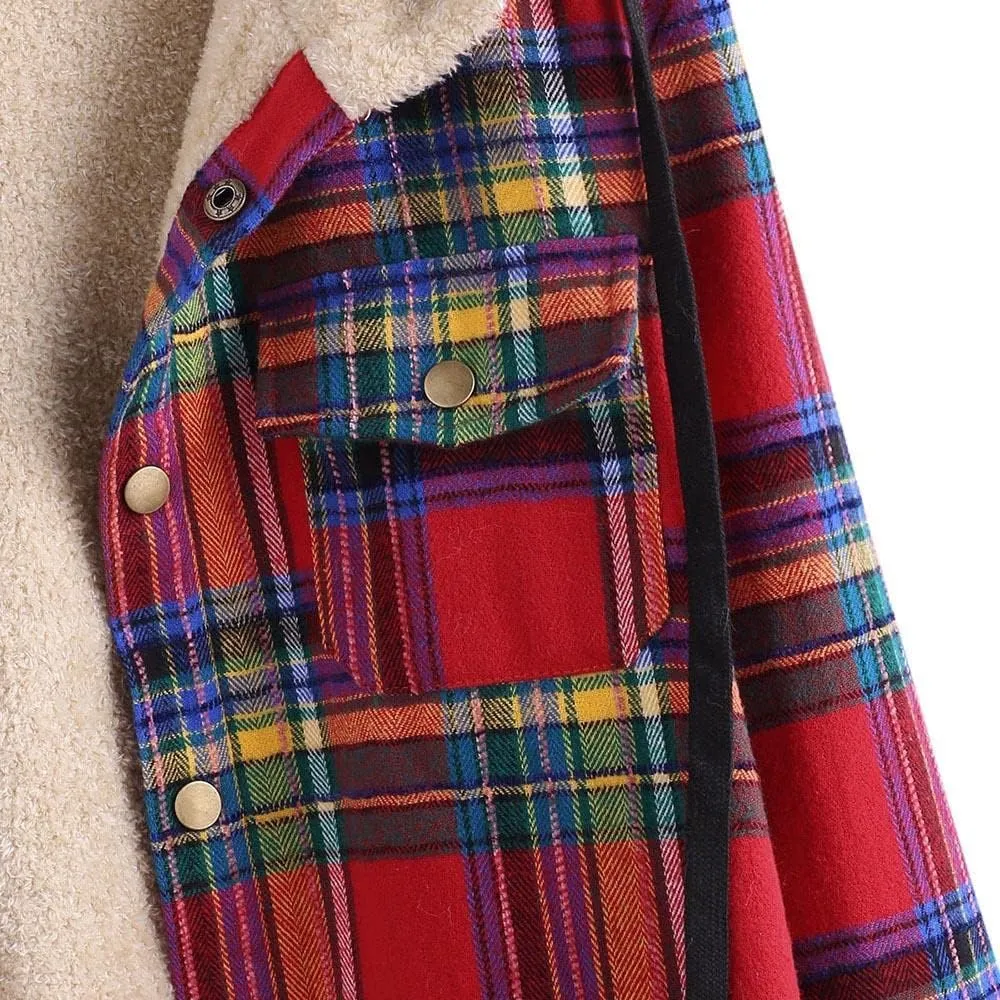 ZAFUL Women's Plaid Fleece Lined Hooded Jacket Button Up Oversized Fuzzy Coat Checkered Flannel Hoodie Jacket