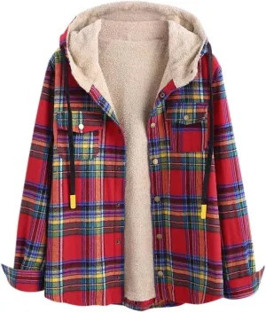 ZAFUL Women's Plaid Fleece Lined Hooded Jacket Button Up Oversized Fuzzy Coat Checkered Flannel Hoodie Jacket