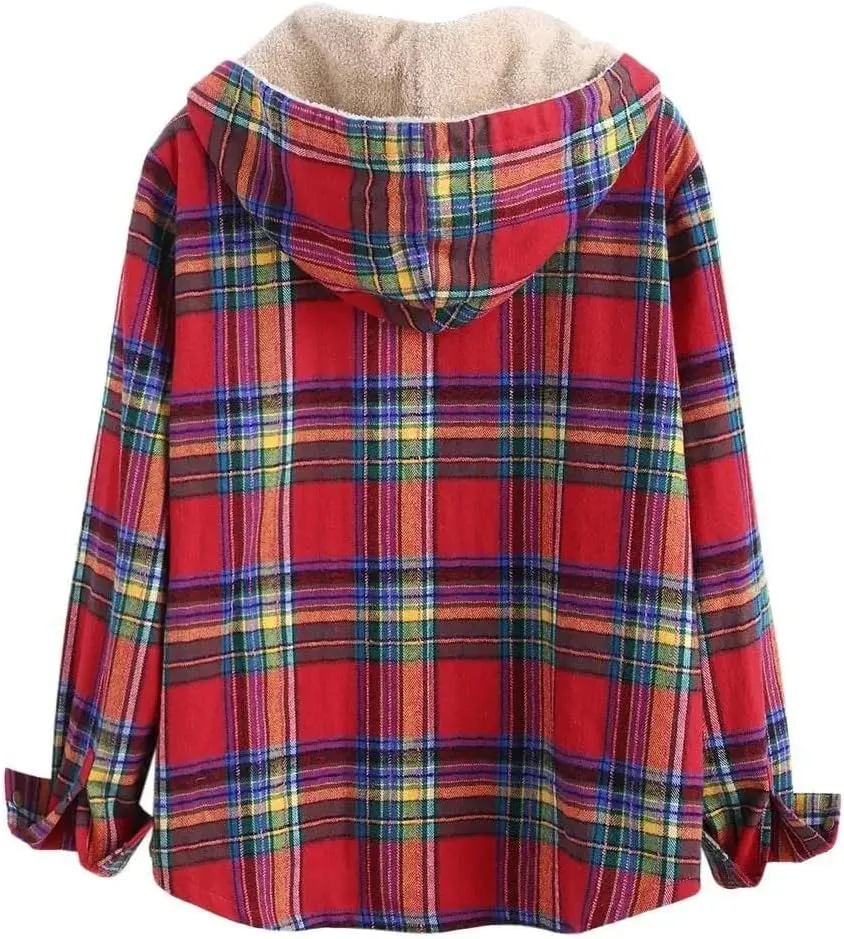 ZAFUL Women's Plaid Fleece Lined Hooded Jacket Button Up Oversized Fuzzy Coat Checkered Flannel Hoodie Jacket